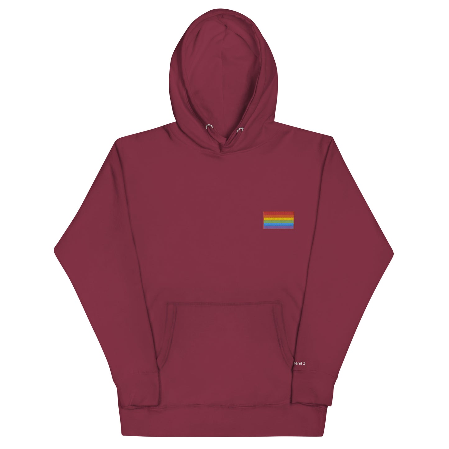 Unisex Hoodie with Rainbow Flag and Queer here! :) on the sleeve!