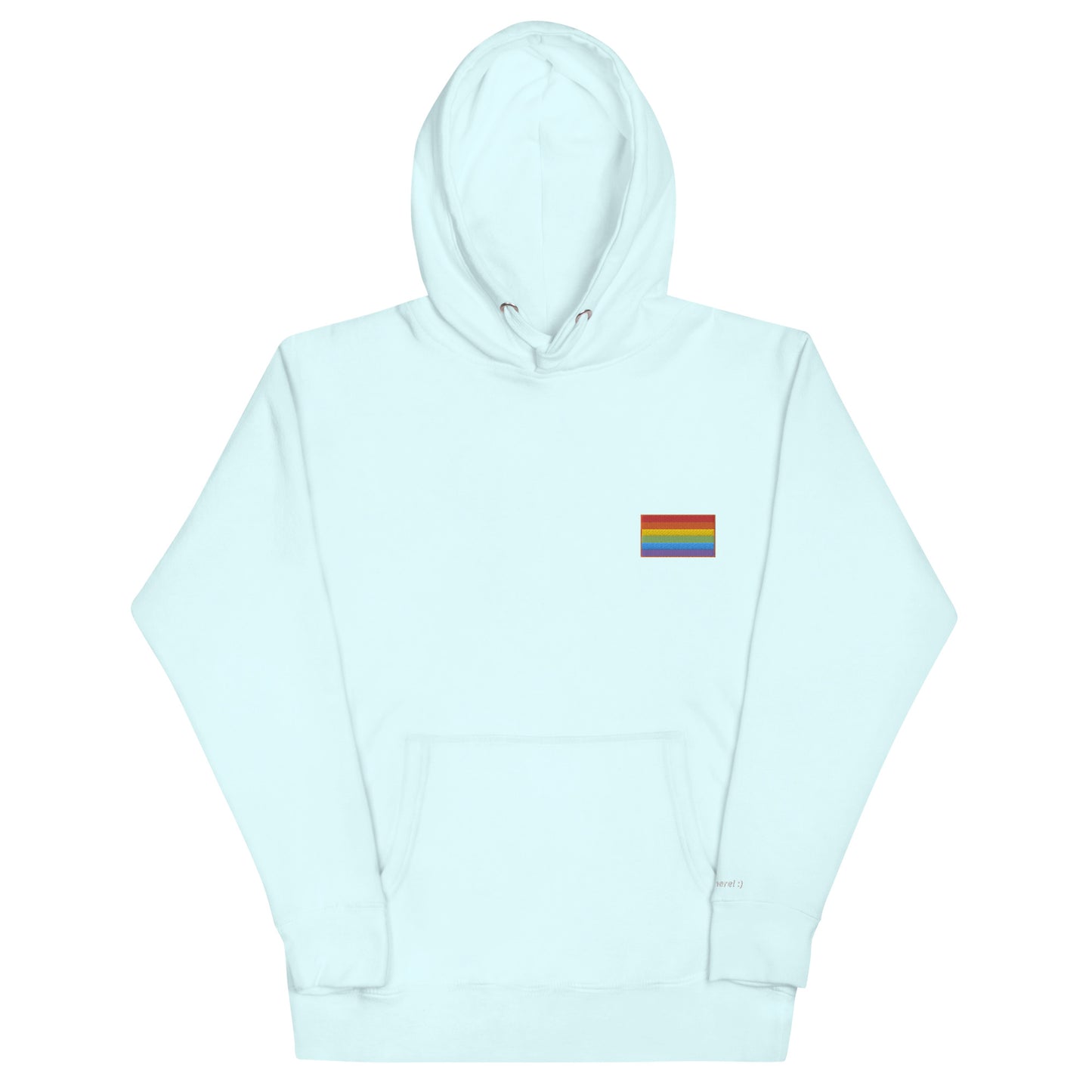 Unisex Hoodie with Rainbow Flag and Queer here! :) on the sleeve!